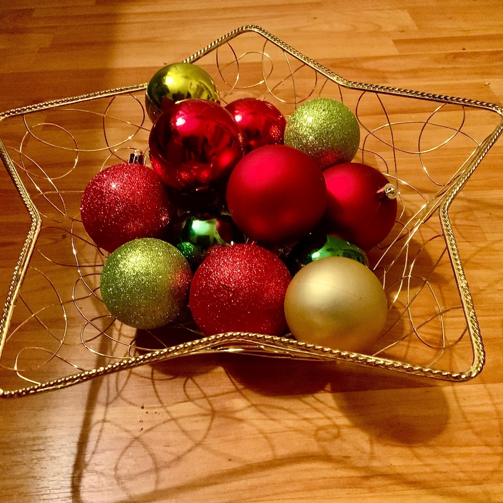 Large Gold star shaped Christmas basket with Balls table top decor.